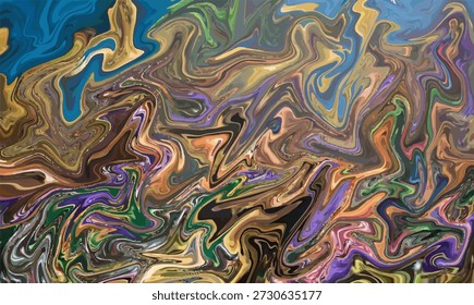 Dynamic abstract artwork showcases intense marbling with chaotic yet harmonious blending of brown, gold, green, and violet hues creating deep visual movement and rich surface complexity for digital media.