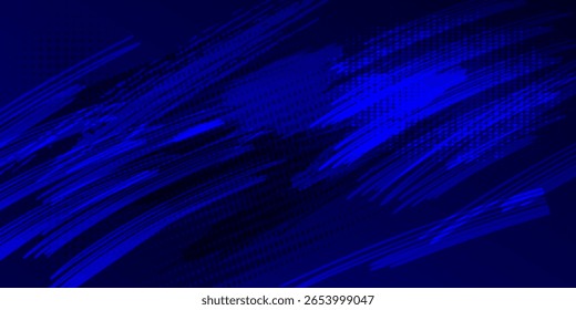Fondo abstracto dinámico con trazos de pincel azul llamativo, puntos de semitono y texturas grunge. Perfecto para diseños modernos, temas de juegos y obras de arte digitales futuristas. eps 10