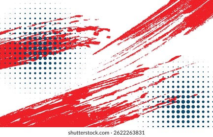 Dynamic abstract background with bold red paint brush strokes and halftone dot patterns on a white canvas. Perfect for modern art, graphic design, or creative promotion.