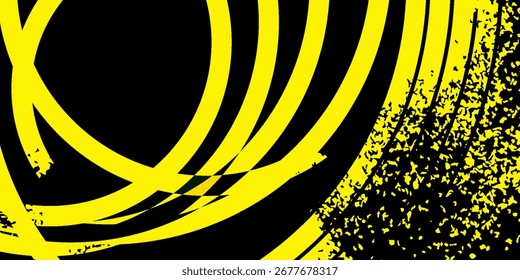 Dynamic abstract background with bright yellow curved lines, grunge splatter texture, and dark contrast. Perfect for technology design, music posters, modern presentations, creative digital projects