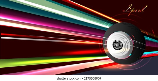 Dynamic abstract background with a car wheel and stripes of light. Night Road

