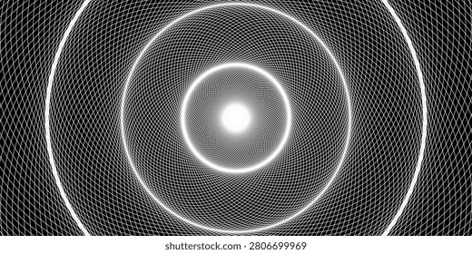 Dynamic abstract background with concentric white grid lines on a black field, forming a powerful optical illusion of a swirling tunnel or vortex. Perfect for digital art, technology, or sci-fi themes.