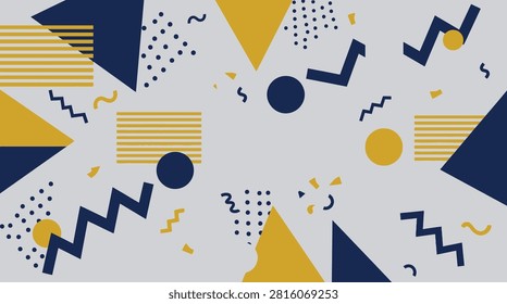 Dynamic abstract background design featuring yellow and blue geometric triangles circles and zigzags on grey surface.