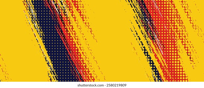 Dynamic Abstract Background with Distressed Halftone Patterns and Vibrant Brushstrokes in Yellow, Red, and Navy
