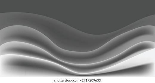 Dynamischer, abstrakter Hintergrund mit eleganten, wellenförmigen, grau-weißen Wellen, die ein schlankes und modernes Design für verschiedene digitale und Druckanwendungen bieten.