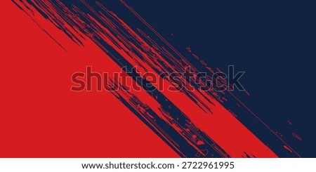 A dynamic abstract background features a bold contrast of red and navy blue separated by angled brush strokes, creating a visually striking and textured composition