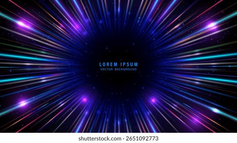 O plano de fundo abstrato dinâmico apresenta raios de luz multicoloridos, listras radiantes de azul de néon, roxo e rosa, com efeitos de partículas cintilantes. Ilustração vetorial