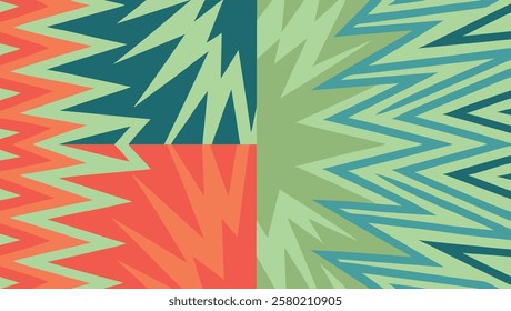 Dynamic abstract background features striking zigzag patterns in vibrant orange and green hues, creating an energetic and modern visual appeal for design projects