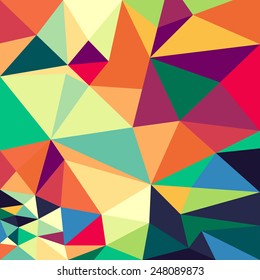 A dynamic abstract background features a vibrant mosaic of interconnected geometric triangles in diverse colors, creating a modern low-poly design.