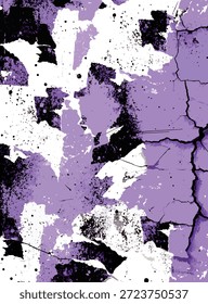 Ein dynamischer abstrakter Hintergrund mit einer chaotischen Mischung aus Violett, Schwarz und Weiß mit Farbspritzer und rissigen Texturen.
