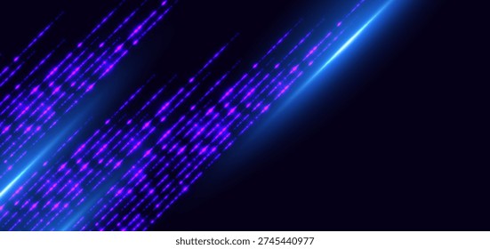 Dynamic abstract background featuring diagonal neon light streaks in vibrant purple and blue tones over a dark gradient background. Glowing energy lines and motion trails create a sense of speed. Vector
