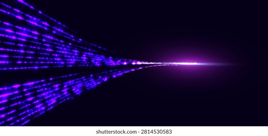 Dynamic abstract background featuring diagonal neon light streaks in vibrant purple and blue tones over a dark gradient background. Glowing energy lines and motion trails create a sense of speed. Vector