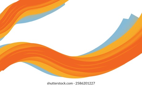 A dynamic abstract background featuring flowing wave elements in vibrant orange and blue gradient tones.