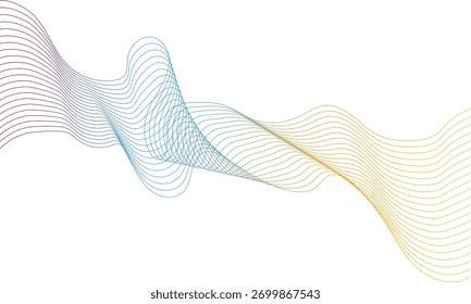 Um plano de fundo abstrato dinâmico com linhas onduladas fluindo que transitam por um espectro de cores de roxo a azul a amarelo.