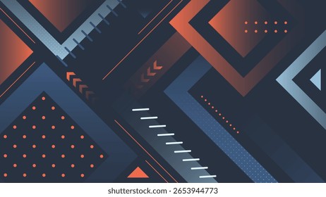 Dynamic abstract background featuring geometric shapes, lines, dots, and arrows in blue and orange tones perfect for modern design, digital art, and creative projects