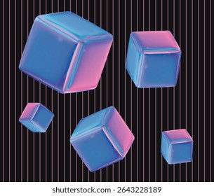A dynamic abstract background featuring multiple glossy, iridescent cubes in blue and pink tones, floating against a dark backdrop with thin, vertical pink lines
