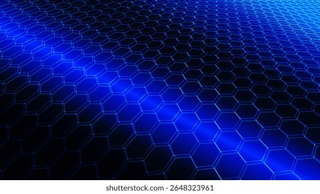 Dynamic abstract background featuring a repeating pattern of interconnected, glowing blue hexagons against a deep, dark backdrop.