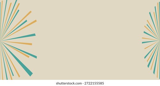 Dynamic abstract background featuring sunburst lines in teal, orange, and beige, radiating from the sides on a neutral beige backdrop, creating a retro and energetic feel.