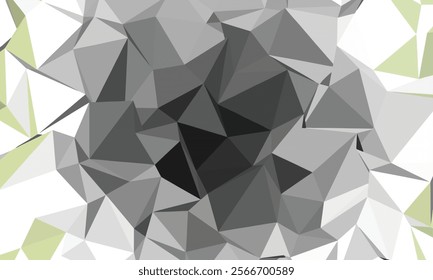 A dynamic abstract background featuring a swirling mass of polygons in shades of gray and green, creating a sense of depth and movement.