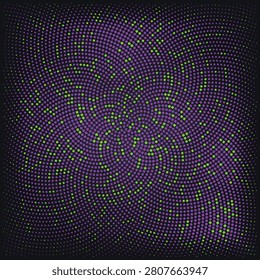 A dynamic abstract background featuring a swirling halftone pattern composed of small purple and lime green squares on a dark gradient.