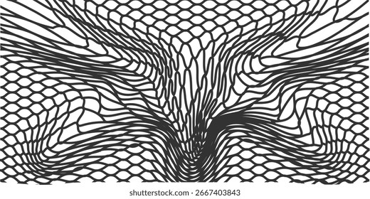 Dynamic abstract background with flowing black mesh lines creating a distorted wave effect. Perfect for modern digital art, technology design, or creative textures.