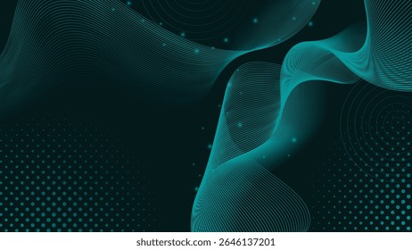Dynamic abstract background with flowing teal lines, glowing dots, circular halftones and dark backdrop. Ideal for tech, futuristic, or modern design themes.