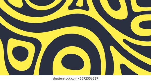Dynamic abstract background with flowing yellow and dark navy blue organic shapes. A groovy retro-style seamless pattern with curved lines