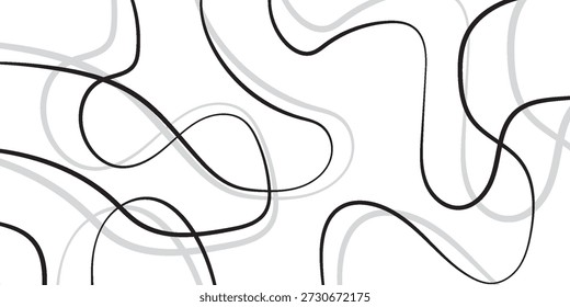 Fundo abstrato dinâmico com traços curvilíneos preto e cinzento sutil entrelaçados, oferecendo uma textura visual contemporânea e artística em um fundo branco.