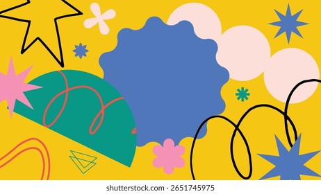 Dynamic abstract background with jagged stars, simple lines, and quirky blobs in red, pink, blue, and green on teal, adding energy and fun.