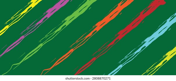 A dynamic abstract background pattern featuring multiple colorful, diagonal paint drips and splash lines stretching across a dark green backdrop. The energetic stripes flow in parallel lines, showing off a vibrant selection of neon shades, including bright yellow, magenta pink, vivid lime green, warm orange, deep red, and bright cyan blue. This high-contrast modern illustration delivers a bold, graffiti-inspired pop-art style that is perfect for youth marketing, artistic posters, creative website banners, and trendy wallpaper designs.