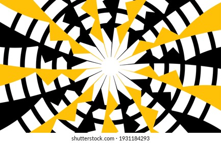 Dynamic abstract background with radial symmetry in black, white, yellow, vector design for poster, technology cover, bold digital illustration that require high visual impact.