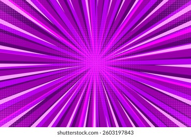 A dynamic abstract background is rendered in varying shades of purple. Radial lines emanate from a central point, creating a sense of speed and action. The effect is further enhanced by a halftone dot