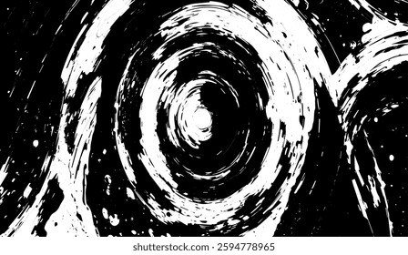 Dynamic abstract background showcasing swirling vortex of splattered white paint against stark black canvas creating a sense of motion and visual tension