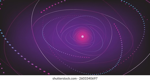 Dynamic abstract background with swirling lines and dots in vibrant pink, blue, and white hues against a dark purple backdrop. Creates a sense of motion and depth. Ideal for modern designs, technology