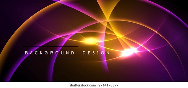Dynamic abstract background. Vibrant purple, orange hues blend. Light radiates from central point, creating energy. Modern design element.