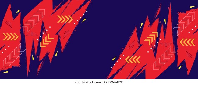 Dynamic Abstract Banner with Red Energy Zig Zag Shapes in Brush Style with Yellow Arrow Shapes on Blue Background. For Sport, Race, Music, or Fight Match and Event Banner or Poster Design