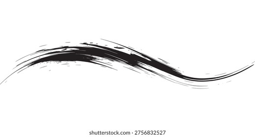 A dynamic, abstract black brush stroke with a swirling, wavy motion on a clean white background.
