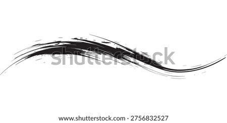 A dynamic, abstract black brush stroke with a swirling, wavy motion on a clean white background.
