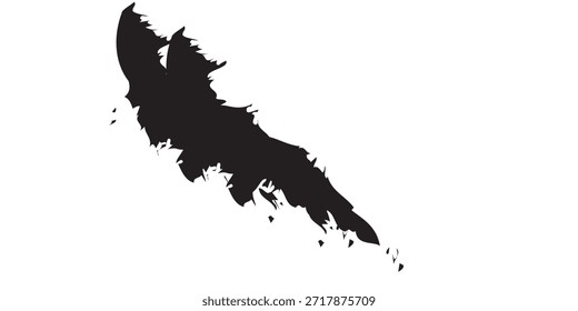 A dynamic, abstract black ink splatter shape with irregular edges and small droplets, set against a clean white background.