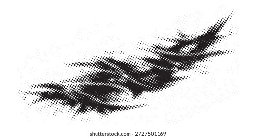 A dynamic, abstract black and white graphic element resembling a brush stroke or a dynamic splash, rendered with a halftone dot pattern and sharp, jagged edges.