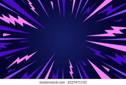 Ein dynamischer, abstrakter Hintergrund mit lebhaften Blau- und Lilatönen und einem explosiven Cartoon-Stil. Bewegung, Geschwindigkeit, leuchtende Strahlen und Blitz in einem Retro-Comic-Effekt. Nicht KI.