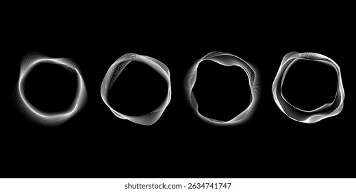 Dynamic Abstract Circle Forms set for Tech or Music Visuals vector illustration. Abstract glowing waveform circles in white lines inspired by audio waves and frequency shapes,motion graphics