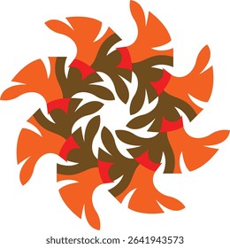 A dynamic abstract circular design featuring interlocking orange, brown, and red stylized shapes in a swirling radial pattern, perfect for bold patterns, decorative backgrounds, or artistic prints.