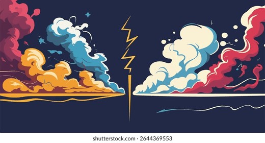 Dynamic abstract clouds clashing, a vibrant visual display.. A striking graphic design featuring two opposing masses of stylized clouds in vibrant colors orange yellow, blue, red pink, white against