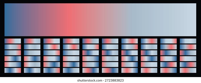 Paleta de cores abstrata dinâmica com uma grade de retângulos de gradiente horizontal com transições suaves de azul para vermelho e cinza claro, ideal para design gráfico moderno e planos de fundo digitais