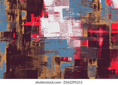 Dynamic abstract composition blending  blue, rich brown, and vivid red, with raw textures and energetic brushwork, evoking urban art and natural balance