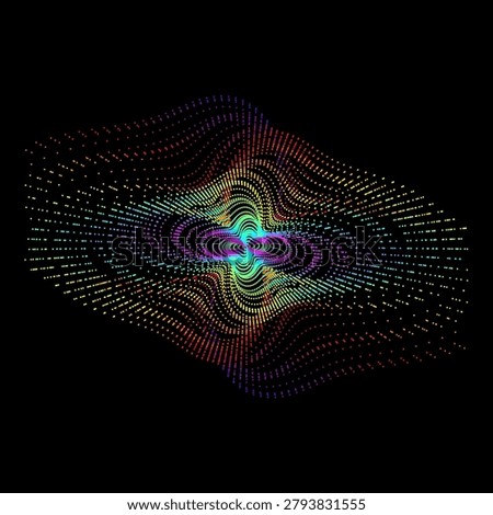 Dynamic abstract composition of colorful dots flowing and swirling to create a symmetrical, eye-like pattern against a stark black background.