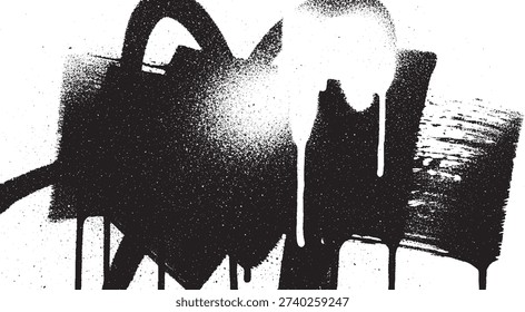A dynamic abstract composition created with black and white spray paint, featuring bold strokes and dripping effects.