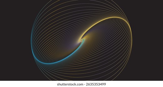 Dynamic abstract composition of curved lines forming a spiral with vibrant neon gradients against a dark black background eps10
