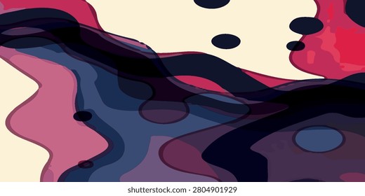 Dynamic abstract composition featuring flowing organic shapes in shades of pink, blue, and black against a light background.